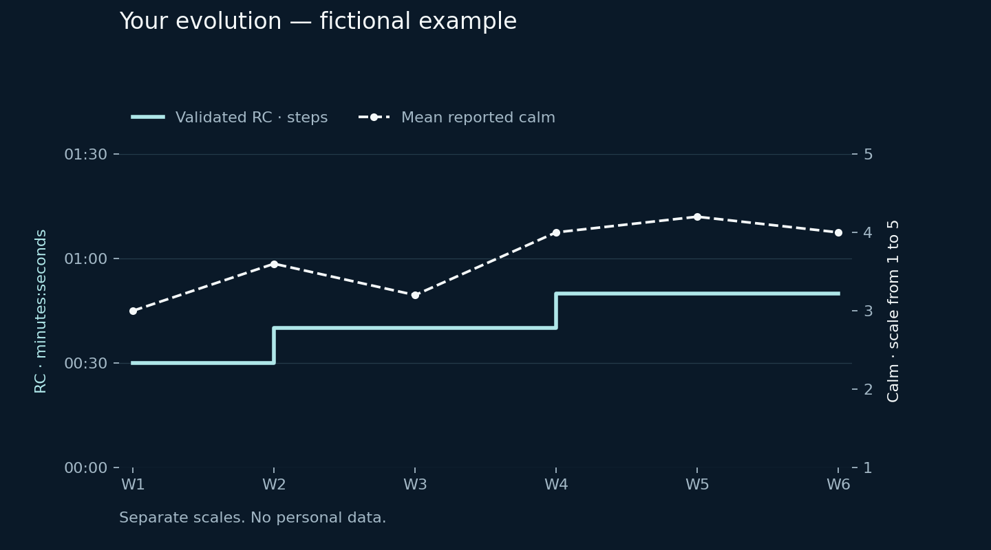 Fictitious Journal example: validated comfortable reference in steps, in seconds, and self-reported calm on a separate scale from 1 to 5.